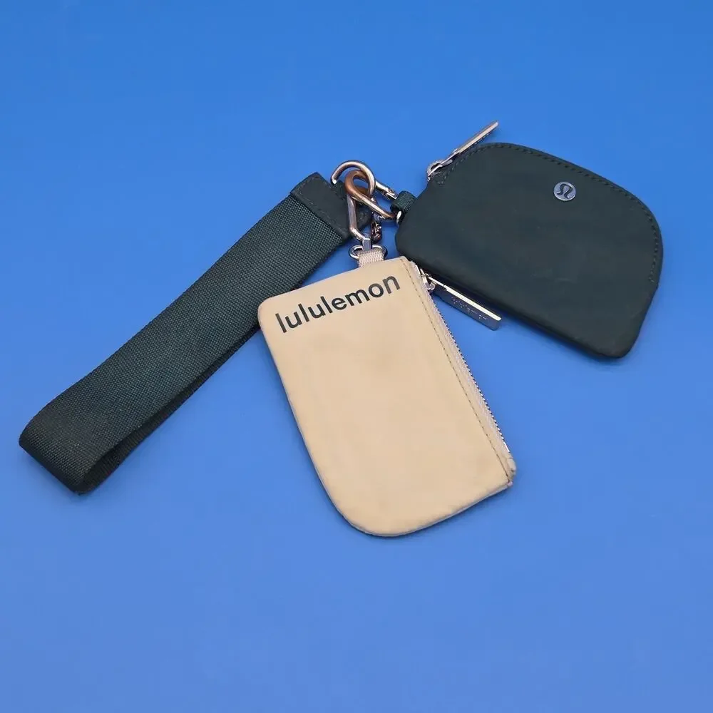 Lululemon Dual Pouch Wristlet Green Beige Gold Hardware Keychain Wallet